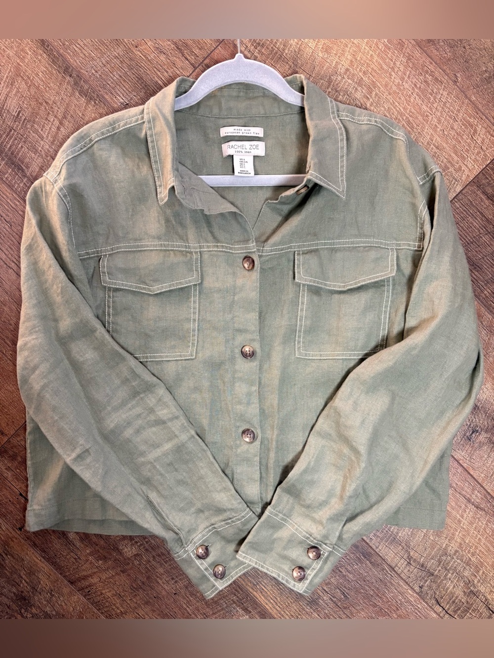 Rachel Zoe 100% Linen Olive Green Utility Shacket Large